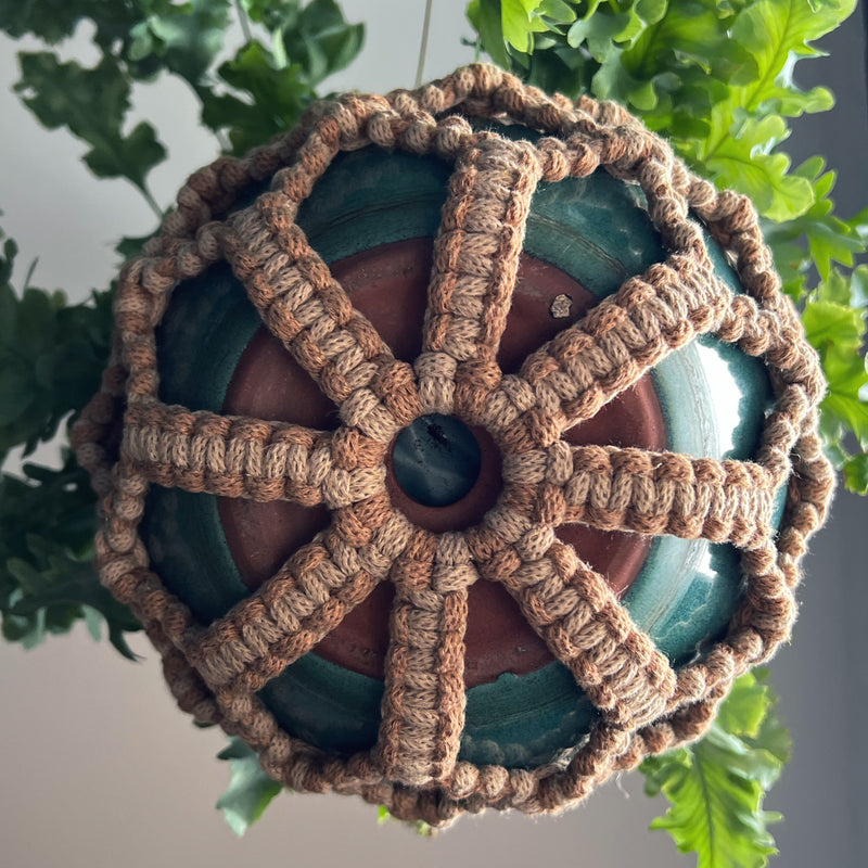 The view of a macrame plant hanger with a circular knot pattern in brown and blush from below holding a blue pot with green leafy plant 