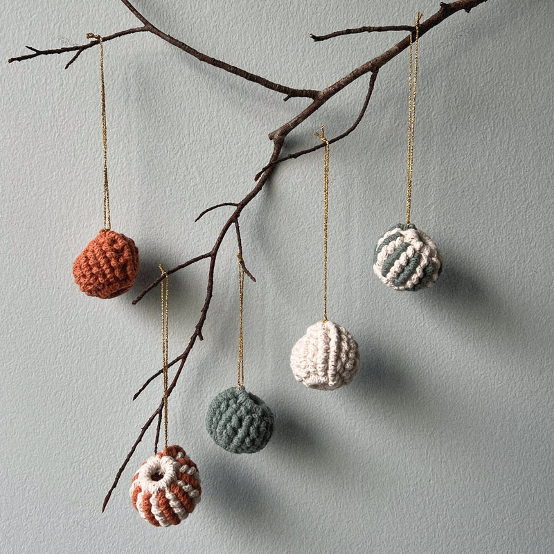 5 small, colourful and striped decorative macrame baubles hanging off a branch against a blue background